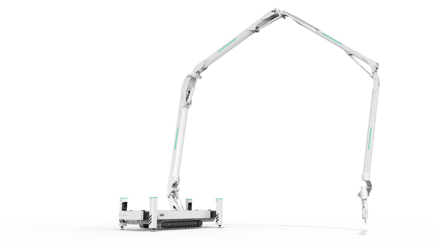 Studio rendering of the ICON Titan Print System, its multi-segment robotic arm extended over a tracked base.